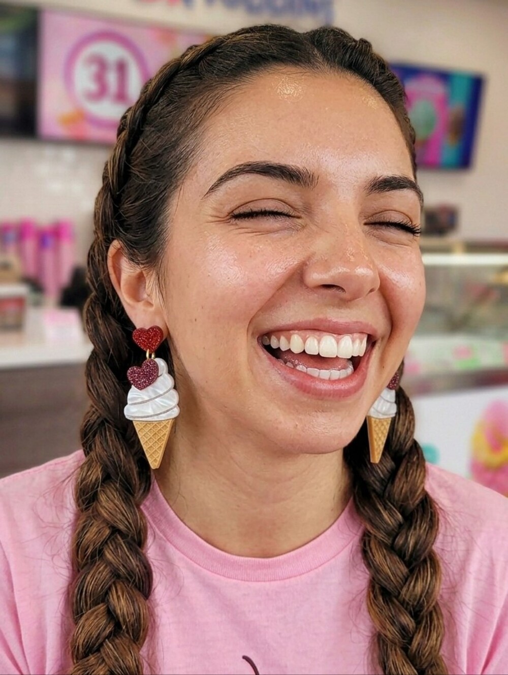 Ice Cream Cone Dangle Earrings Red Glitter Heart Acrylic Kawaii Summer Y2K 2.4in - Picture 10 of 16
